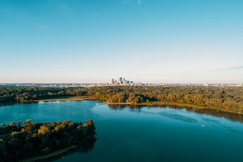 Minneapolis skyline viewed from Pizza luce North Loop location